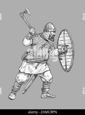 Wikinger mit Axt. Normannischer Krieger im Kampf. Mittelalterliche Ritter Illustration. Stockfoto