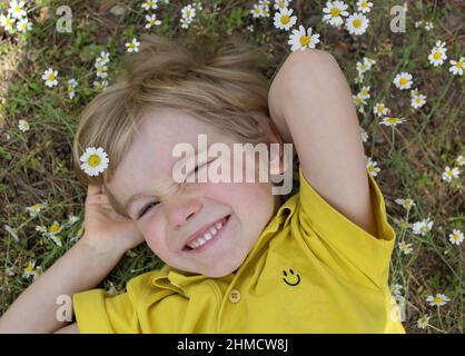 Porträt eines niedlichen lächelnden Jungen, der auf dem Gras zwischen dem Kamillenfeld liegt. Sommerstimmung, unbeschwerte freudige Kindheit, Freude, Entspannung, Verwöhnung, Positiv Stockfoto