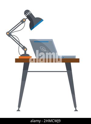 Tisch mit Laptop und Lampe. Arbeitsplatz im flachen Stil. Stock Vektor