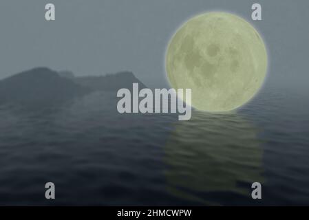 Vollmond über Wasser mit Reflexionen, abbildung 3D Stockfoto