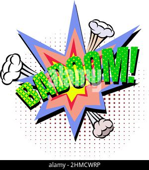 Badoom Comic Explosion Blase im Popart Vintage Stil. Vektorgrafik im Cartoon-Stil. Vektortext. Wow-Effekt. Vektorgrafik. Wow-Effekt für Cartoo Stock Vektor