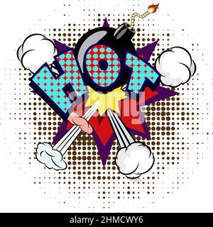 Sign Hot Comic Explosion Blase in Popart Vintage-Stil. Vektorgrafik im Cartoon-Stil. Vektor Cartoon Blase Explosion mit Halbtonmuster und Schatten. Wow Stock Vektor