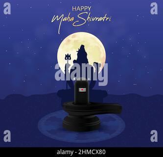 Maha Shivratri Shivling, Lingam, Mond, Nachthimmel, Silhouette. Mandala Traditional Hindu Festival Poster Banner Design Vorlage Vektor Illustration Stock Vektor