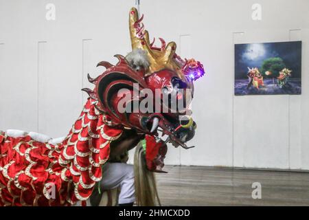 Das Silat College der „White Crane Association“ hatte eine Tradition, Kie Lin vor der Feier des Cap Go Meh in Bogor, Indonesien, zu baden Stockfoto