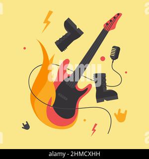 Illustration mit Gitarre in Flammen. Konzeptkunst der Rockmusik. Stock Vektor