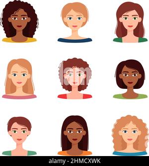 Set von Avataren von Frauen mit verschiedenen Frisuren und Farbe. Diversity Gruppe von jungen Frauen, Vektor-Illustration Stock Vektor