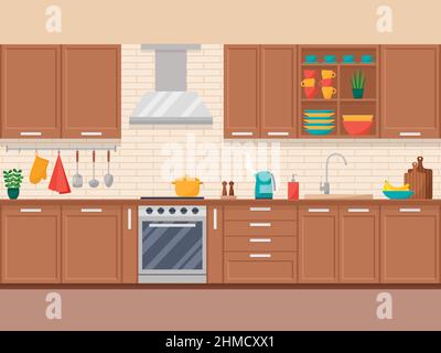 Kücheneinrichtung mit Möbeln, Ausstattung und Geschirr im flachen Stil, Vektorgrafik Stock Vektor