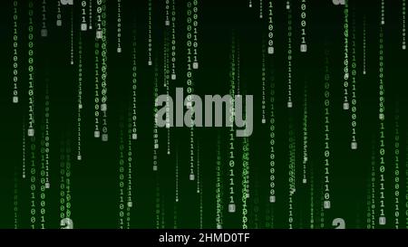 Abstrakter grafischer Hintergrund - grüner Regen von Binärziffern auf schwarzem Hintergrund - 3D Illustration Stockfoto