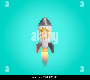 Raketenstart und Freigabe der Feuerspur mit Bitcoin-Symbol auf blauem Hintergrund. Konzept der Investition, Kryptowährungen, Handel, Wirtschaft und Fu Stockfoto