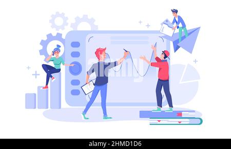 Junge Leute diskutieren über die Darstellung der flachen Vektorgrafik auf dem Aktiendiagramm Stock Vektor