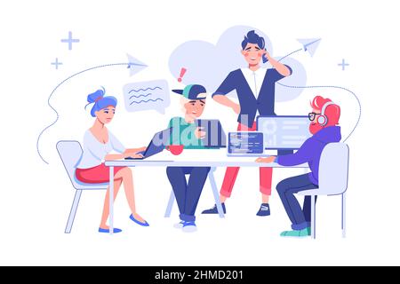 Das Team arbeitet am flachen Vektor des Tisches zusammen Stock Vektor