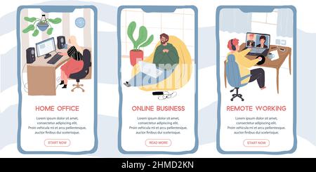 Cartoon flache Zeichen auf Smartphone-App-Bildschirme, online-Business mobile Apps Interface-Vorlagen Design-Set Stock Vektor