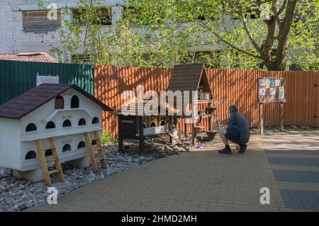 Zelenogradsk, Russland - 11. Mai 2021: Vielzahl von Outdoor-Häusern für streunende Katzen als Unterstände für schlechtes Wetter gemacht und auch füttern sie Stockfoto