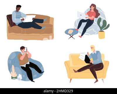 Cartoon flache Figuren sitzen auf Sofa und Stühlen, Freizeit und Online-Arbeit Vektor-Illustrationen gesetzt Stock Vektor