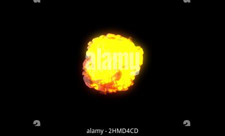 Detonation mit kraftvollem 3D Render Energiefreisetzung und rauchigen Wolken. Destruktiver Blitz mit Flammenbildung und Hochtemperatureffekt. Dynamische digitale Zerstörung. Stockfoto