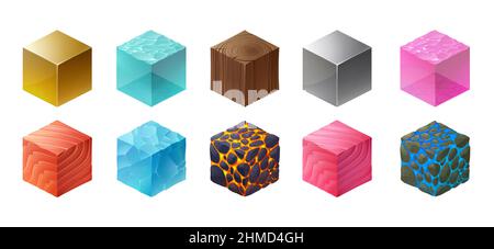 Isometrische Textur Würfel für Wild mit Muster aus Holz, Gold und Silber Metall, Lachsfilet. Vector Cartoon Set von 3D Blöcken aus verschiedenen Materialien, Eis, blauem und rosa Wasser, Lava und Steinen Stock Vektor