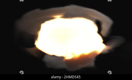 Heller Blitz mit 3D Render Puffs von dichtem Nebel. Starke Explosion mit Ausbreitung der Flamme über die Oberfläche. Energieschub nach fehlgeschlagener thermischer Untersuchung. Visualisierung des Schusses aus einer Waffe mit großem Kaliber. Stockfoto