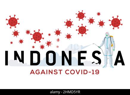 Indonesien gegen Corona-Virus oder Kovid-19. Indonesien kämpft nun gegen die Kovid-19. Ein Offizier, der ein Hazmatshirt trug, sprühte Desinfektionsmittel Stock Vektor