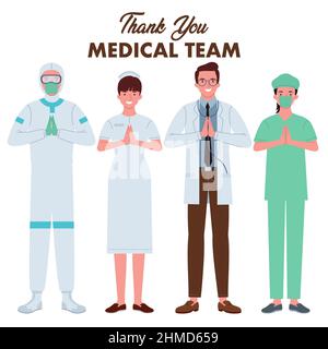 Eine Gruppe von medizinischen Teams, bestehend aus Ärzten, Krankenschwestern, Personen, die Gefahrgut tragen, und Ärzten, die chirurgische Kleidung tragen. Sie falten ihre Hände ich Stock Vektor
