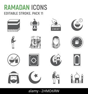 Ramadan Glyphen Icon Set, islam Sammlung, Vektorgrafiken, Logo Illustrationen, Happy Ramadan Vektor Icons, islamische Zeichen, solide Piktogramme, editierbarer Strich Stock Vektor