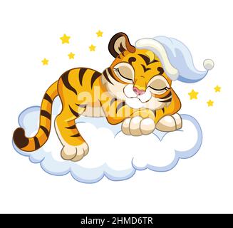 Nette Zeichentrickfigur Tiger Junge in schläft auf einer Wolke. Vektorgrafik isoliert auf Weiß. Für Druck, Design, Werbung, Schreibwaren, T-Shirt und Stock Vektor