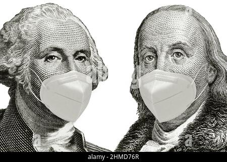 US-Präsidenten George Washington, Benjamin Franklin trägt Maske gegen Covid 19 , Porträts von US-Dollar-Scheine isoliert, US-Geld in der Nähe Stockfoto