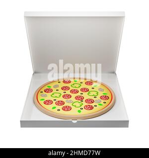 Schachtel Pizza mit Pfefferoni-Wurst - 3D Rendering isoliert auf weißem Hintergrund Stockfoto