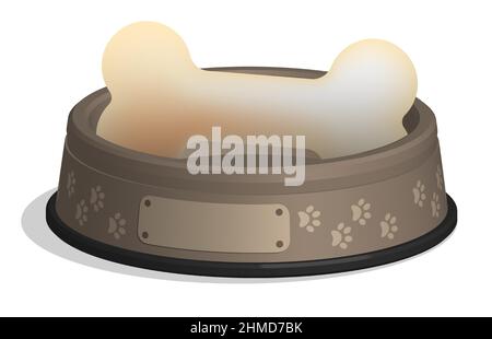 Personalisierte Schüssel mit großen leckeren Knochen für Ihren Lieblingshund, Welpen. Tierfutter und Leckereien. Realistischer 3D-Vektor isoliert auf weißem Hintergrund Stock Vektor