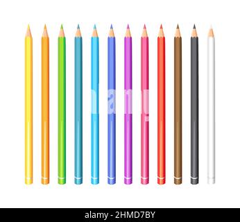 Set mit 12 realistischen farbigen Bleistift. Farbstifte auf weißem Hintergrund isoliert. Zurück zu den Schulartikeln. Template-Design für Präsentation, Publikationen, Stock Vektor