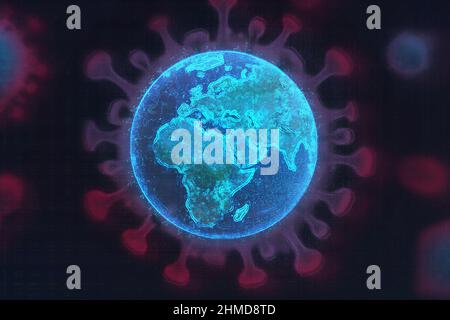 Erde mit Corona-Virus oder Covid-19 bedeckt. Virus Illustration Konzept für Poster und Banner. Stockfoto