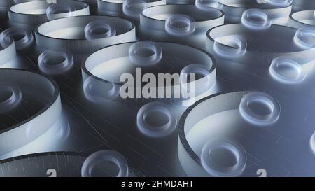 Runde, matte Formen auf 3D Render-Boden mit digitalen abstrakten Linien. Geometrische abstrakte Komposition für Cyber Interior und Web-Präsentation. Realistische Grafiken mit futuristischen Designs. Stockfoto