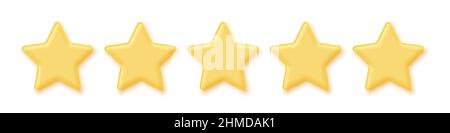 5 Goldsterne für Vektordarstellung der Produktbewertung. 3D fünf gelbe oder goldene Rankingsymbole in Reihe für Feedback, Zufriedenheitsmeinung auf Website ser Stock Vektor