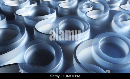 Runde, matte Formen auf 3D Render-Boden mit digitalen abstrakten Linien. Geometrische abstrakte Komposition für Cyber Interior und Web-Präsentation. Realistische Grafiken mit futuristischen Designs. Stockfoto