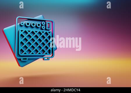 Symbol für elektrischen Gitarrenverstärker. Schöne blaue E-Gitarre Verstärker Symbol-Symbole auf bunten hellen Hintergrund. 3D Rendering-Illustration. Zurück Stockfoto