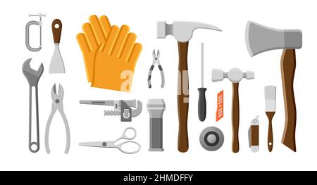 Werkzeugsatz Vektordarstellung. Infrastruktur und Bau Hand Werkzeug Ausrüstung Objekte. Stock Vektor