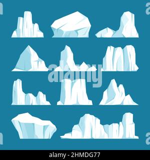 Schwimmende Eisberge Kollektion. Treibende arktische Gletscher, Block von gefrorenem Ozeanwasser. Eisige Berge mit Schnee. Schmelzpunkt des Eises. In der Antarktis schneit es Stock Vektor