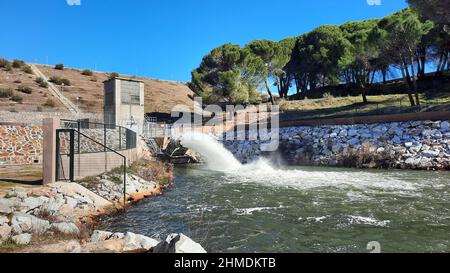 Der Stausee El Pardo in der Gemeinde Madrid, der Wasser in den Fluss Manzanares abgibt. Pinien im Hintergrund, in Spanien. Europa. Horizontal Stockfoto