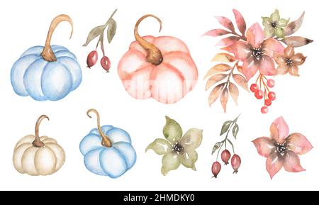 Kürbis Clipart. Aquarell Blumen Blumenstrauß Illustration Set, Thanksgiving rosa Blumen Clip Art, Erntezeit, Baby Dusche Party, Logo Stockfoto