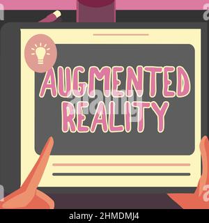 Konzeptionelle Darstellung Augmented Reality. Geschäftskonzept Interaktives Erleben einer realen Umgebung Illustration einer Hand mit Big Tablet Stockfoto