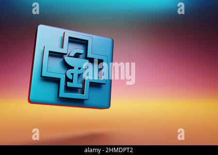 Apothekensymbol. Schöne blaue Apotheke Symbol-Symbole auf mehrfarbigen hellen Hintergrund. 3D Rendering-Illustration. Hintergrundmuster für Design. Stockfoto