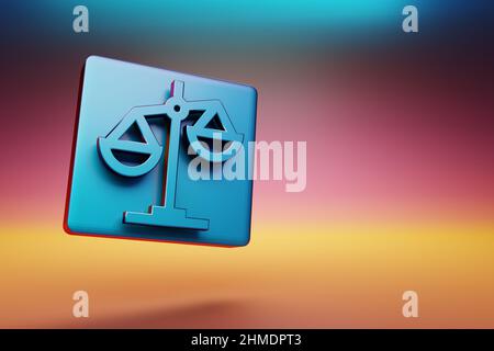 Symbol für Gerechtigkeit. Schöne blaue Justice Symbol-Symbole auf mehrfarbigen hellen Hintergrund. 3D Rendering-Illustration. Hintergrundmuster für Design. Stockfoto