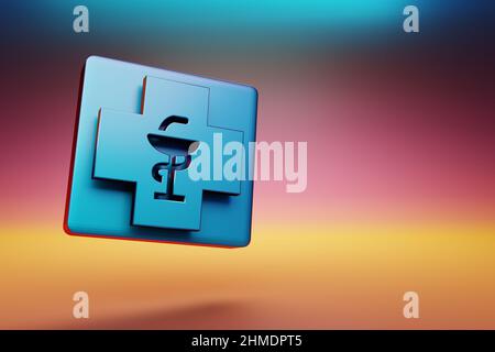 Apothekensymbol. Schöne blaue Apotheke Symbol-Symbole auf mehrfarbigen hellen Hintergrund. 3D Rendering-Illustration. Hintergrundmuster für Design. Stockfoto
