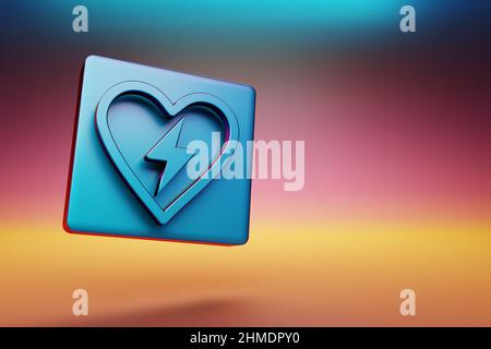 Symbol für den Defibrilator. Schöne blaue Defibrilator Symbol-Symbole auf mehrfarbigem hellen Hintergrund. 3D Rendering-Illustration. Hintergrundmuster für Design. Stockfoto