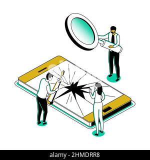 Mobile Reparatur-Service - moderne Linie Isometrie Design Stil Illustration. Bild mit Mitarbeitern, die ein Smartphone mit defekter Leinwand, Lupe, Stock Vektor