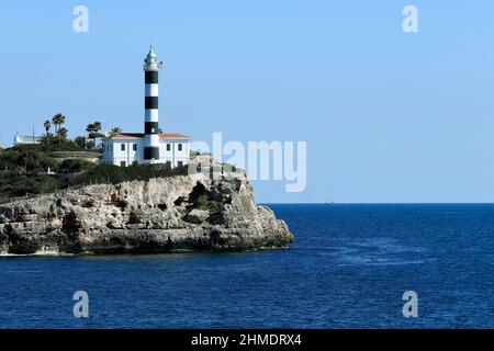 Portocolom Leuchtturm, in der Gemeinde Felanitx, Mallorca. Stockfoto