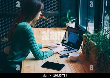 Fokussierte Geschäftsfrau, die in der Cafeteria am Computer arbeitet Stockfoto