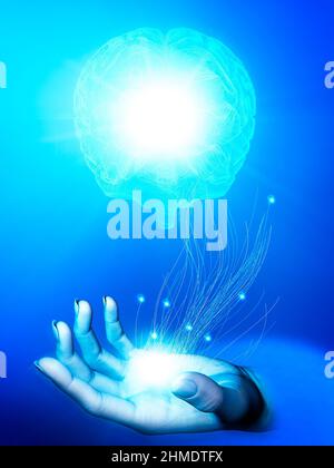 Schaffung und Kontrolle der geistigen Fähigkeiten. Menschliches Gehirn und Schaffung von künstlicher Intelligenz. Roboter und Cyborg. Ai. Menschliche Hand. 3D Rendern Stockfoto