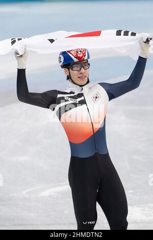 Daehon Hwang (Kor), Sieger, erster Platz 9. Februar 2022 Olympisches Short Track Speed Skating, Herren-1500m-Finale während der Olympischen Winterspiele 2022 in Peking im Capital Indoor Stadium, Peking, China. Kredit: Enrico Calderoni/AFLO SPORT/Alamy Live Nachrichten Stockfoto