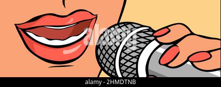 Ein schönes Mädchen singt oder spricht in ein Mikrofon. Nahaufnahme von Gesicht und Mund. Vektor Cartoon Pop Art Illustration Stock Vektor