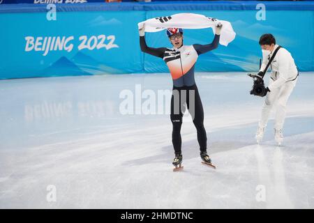 Daehon Hwang (Kor), Sieger, erster Platz 9. Februar 2022 Olympisches Short Track Speed Skating, Herren-1500m-Finale während der Olympischen Winterspiele 2022 in Peking im Capital Indoor Stadium, Peking, China. Kredit: Enrico Calderoni/AFLO SPORT/Alamy Live Nachrichten Stockfoto